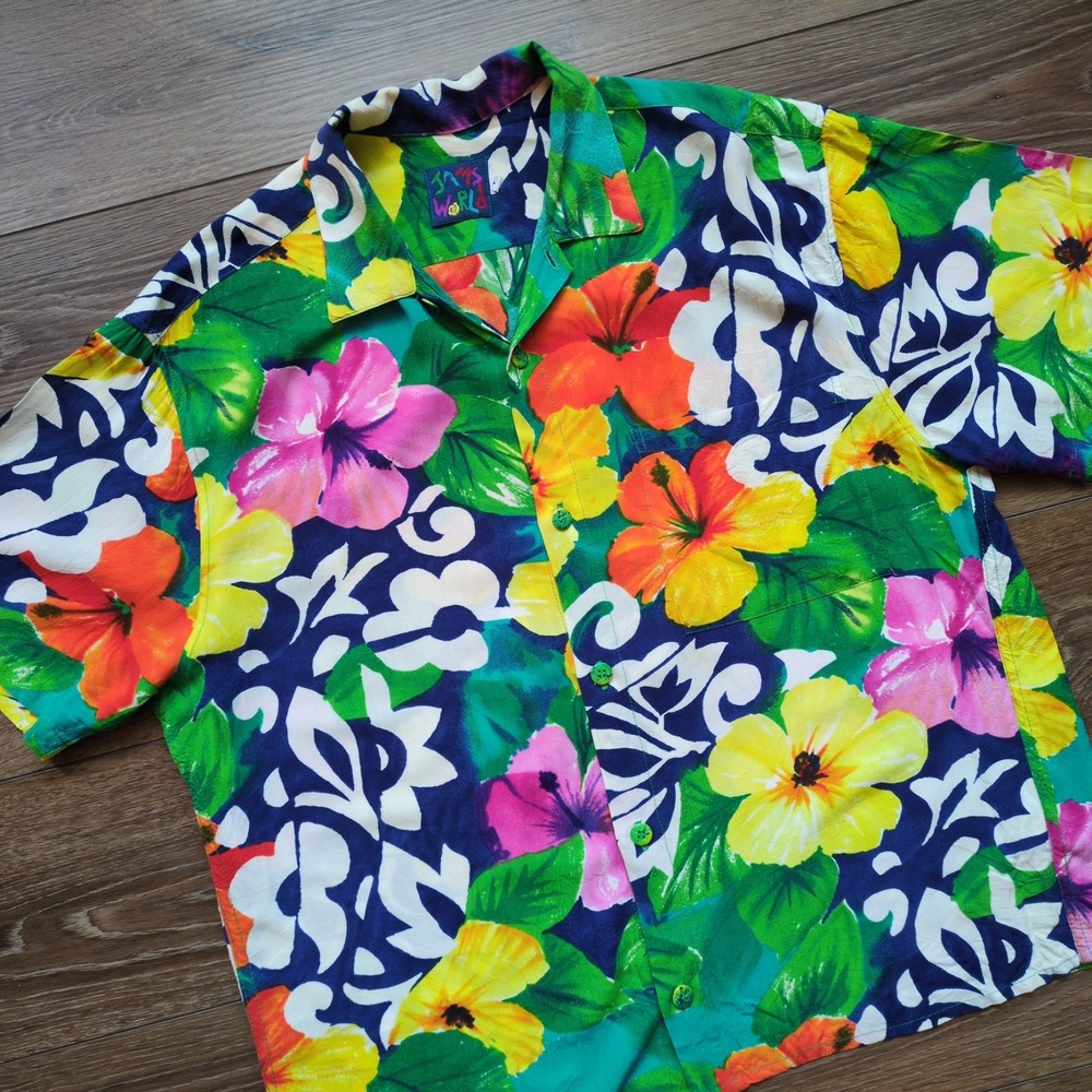 Vtg Jams World Tropical‎ Floral Hawaiian Button Down Shirt - "Biscus" Hibiscus M